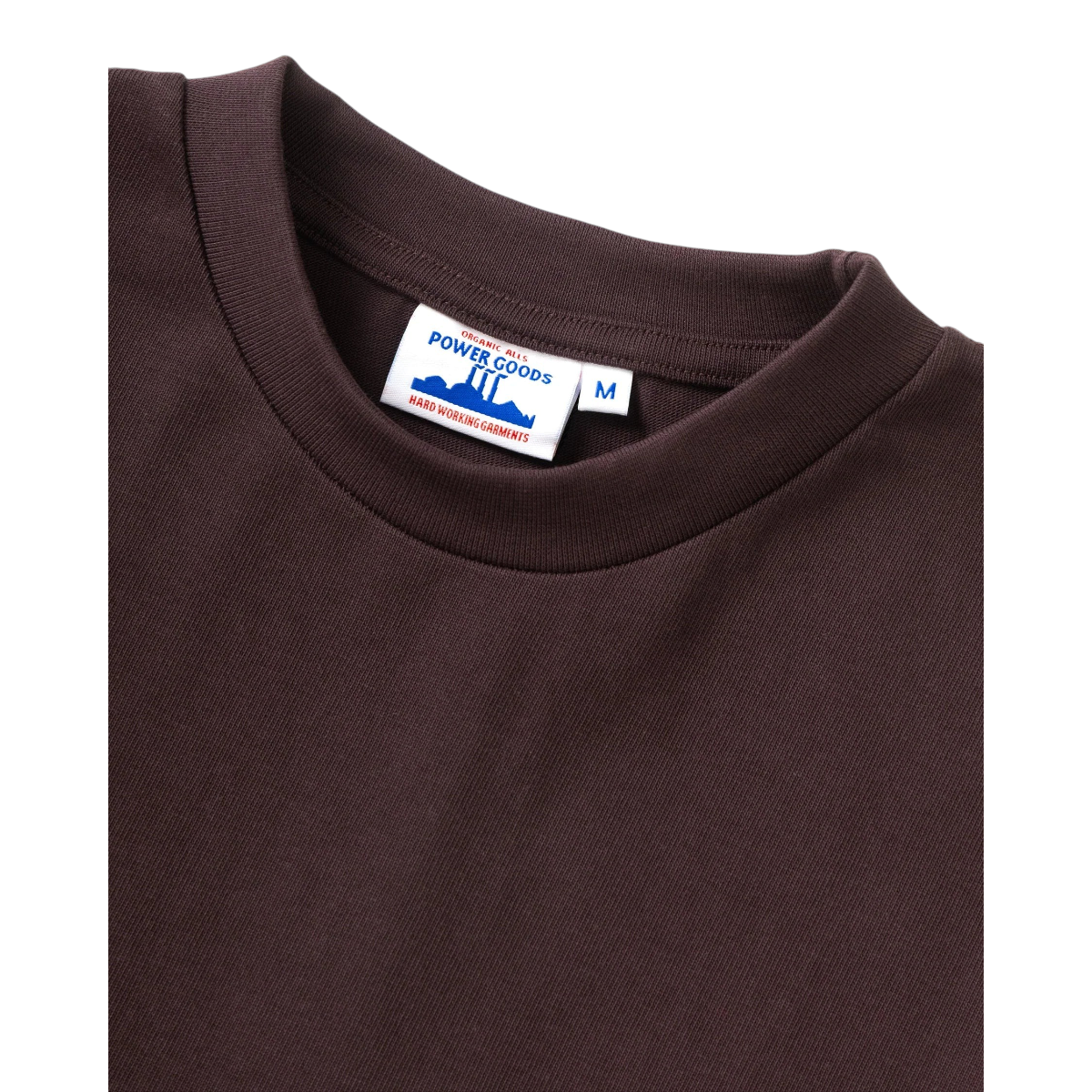 MILWORKS Power Goods 10oz heavyweight organic cotton t-shirt in coffee brown with a reinforced ribbed neckline
