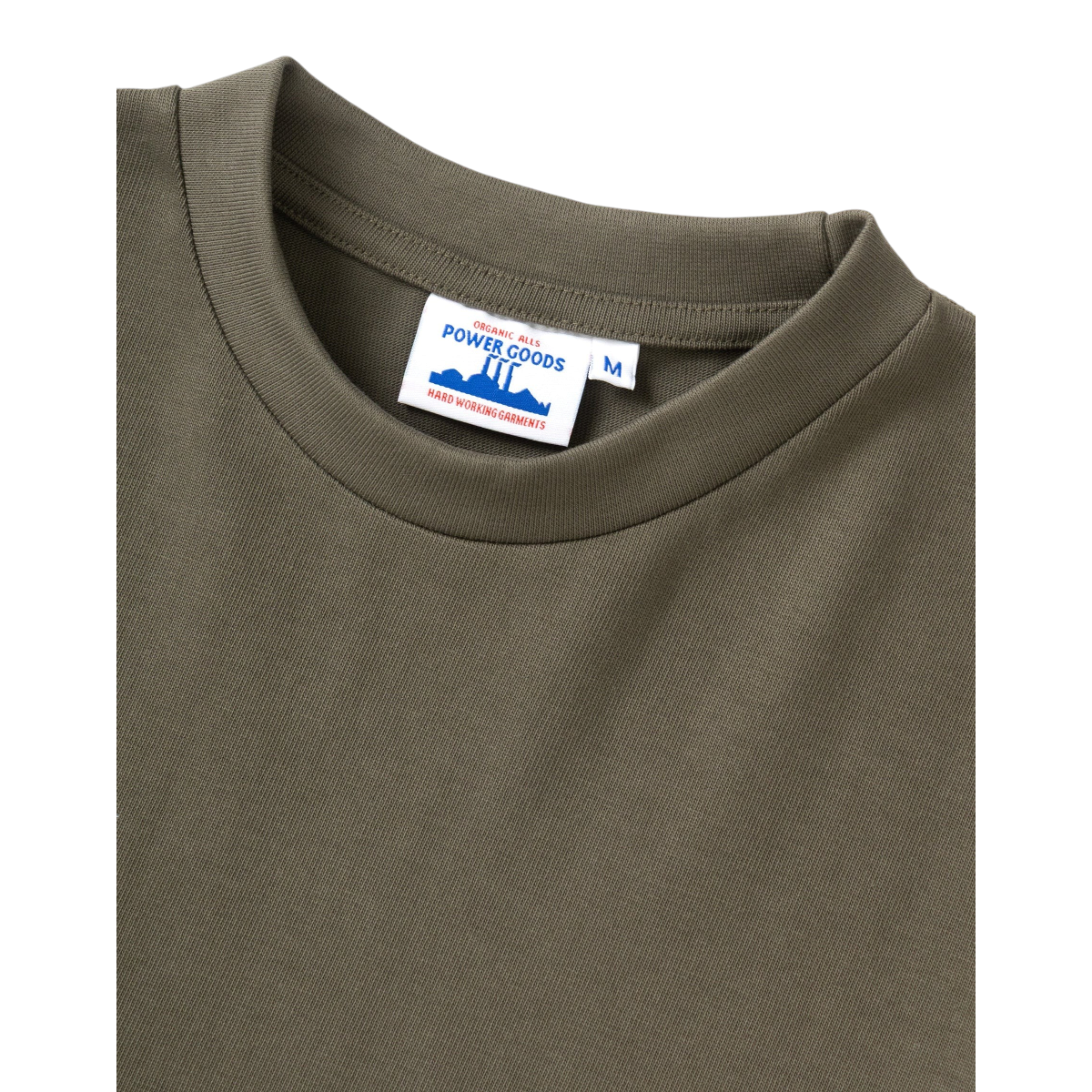 MILWORKS Power Goods dark olive 10oz organic cotton heavyweight t-shirt with a reinforced ribbed neckline