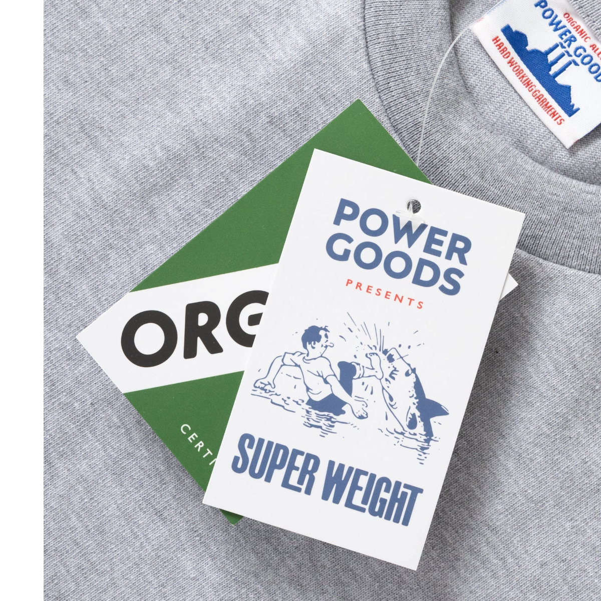 MILWORKS Power Goods heather grey 10oz organic cotton heavyweight t-shirt with branded product tags