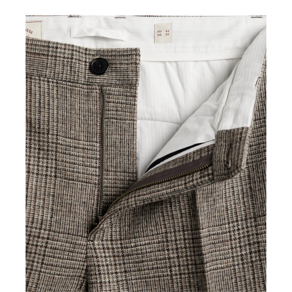 MILWORKS Prince of Wales check single pleat trousers in virgin wool with a button fly and white interior lining