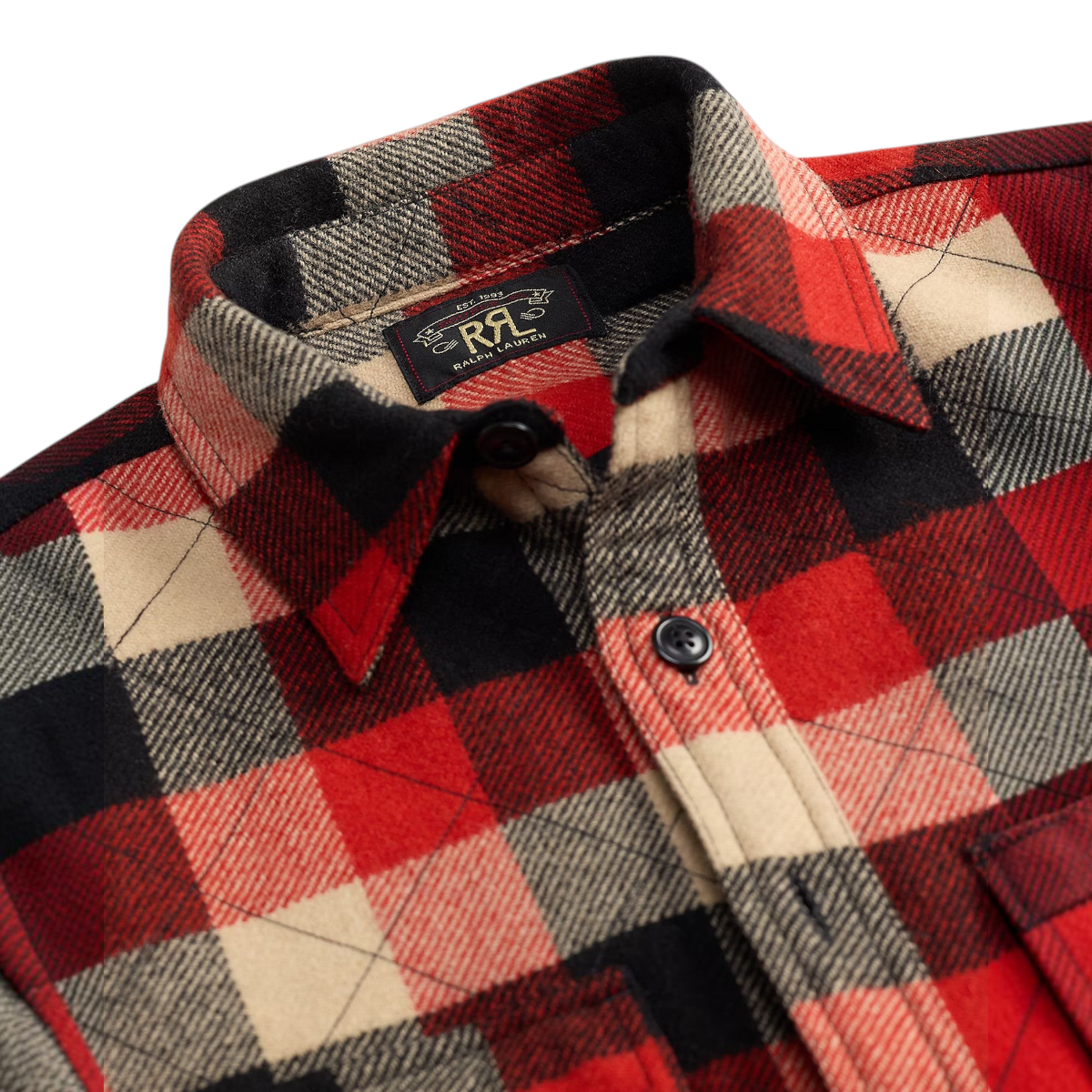 MILWORKS quilted plaid wool overshirt in red and black with a straight collar and buttoned placket