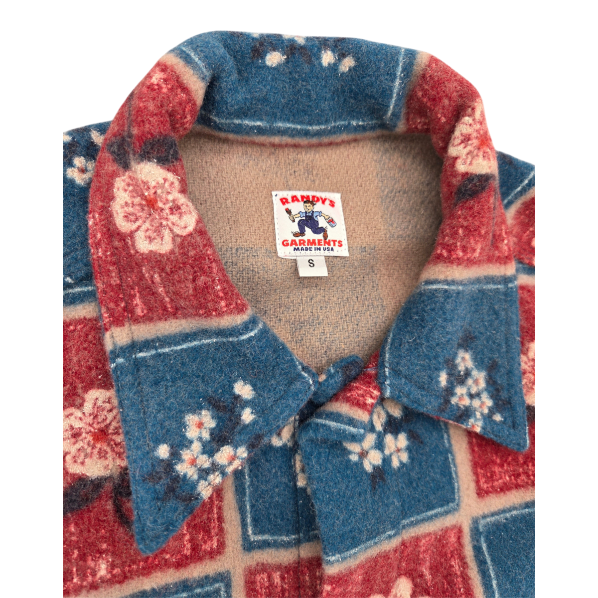 MILWORKS Randy Garments heavy melton wool overshirt featuring a blue and red block print floral pattern