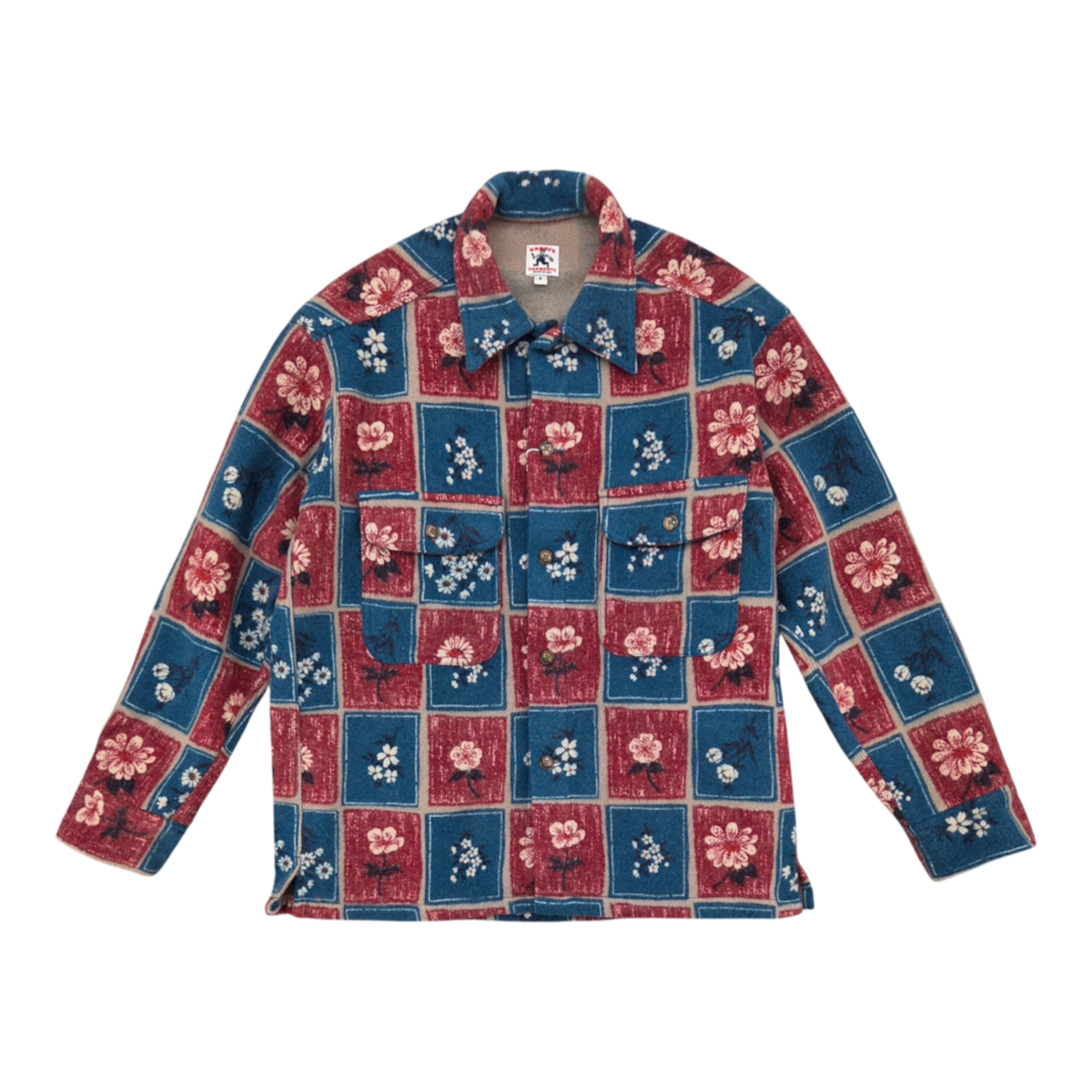 MILWORKS Randy Garments heavy melton wool overshirt featuring a blue and red block print floral pattern.