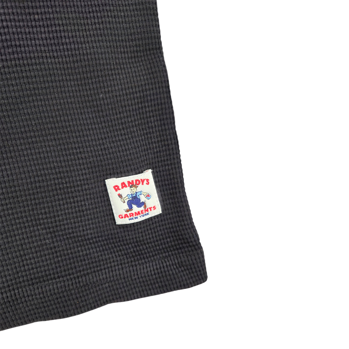 MILWORKS Randy's Garments black heavyweight thermal crewneck shirt with a woven brand logo patch on the hem.