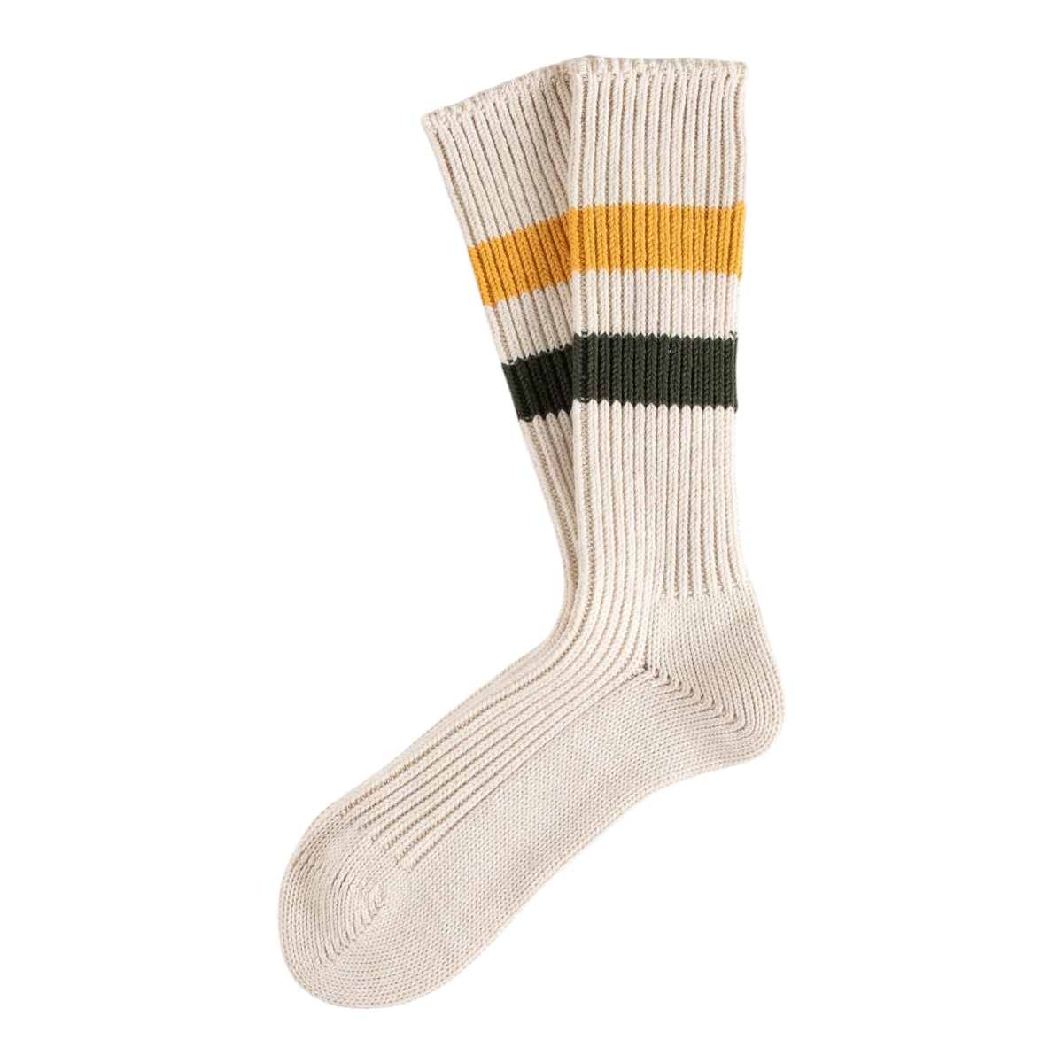 MILWORKS Urban collection raw white cotton socks with yellow and green stripes and a textured ribbed knit design.