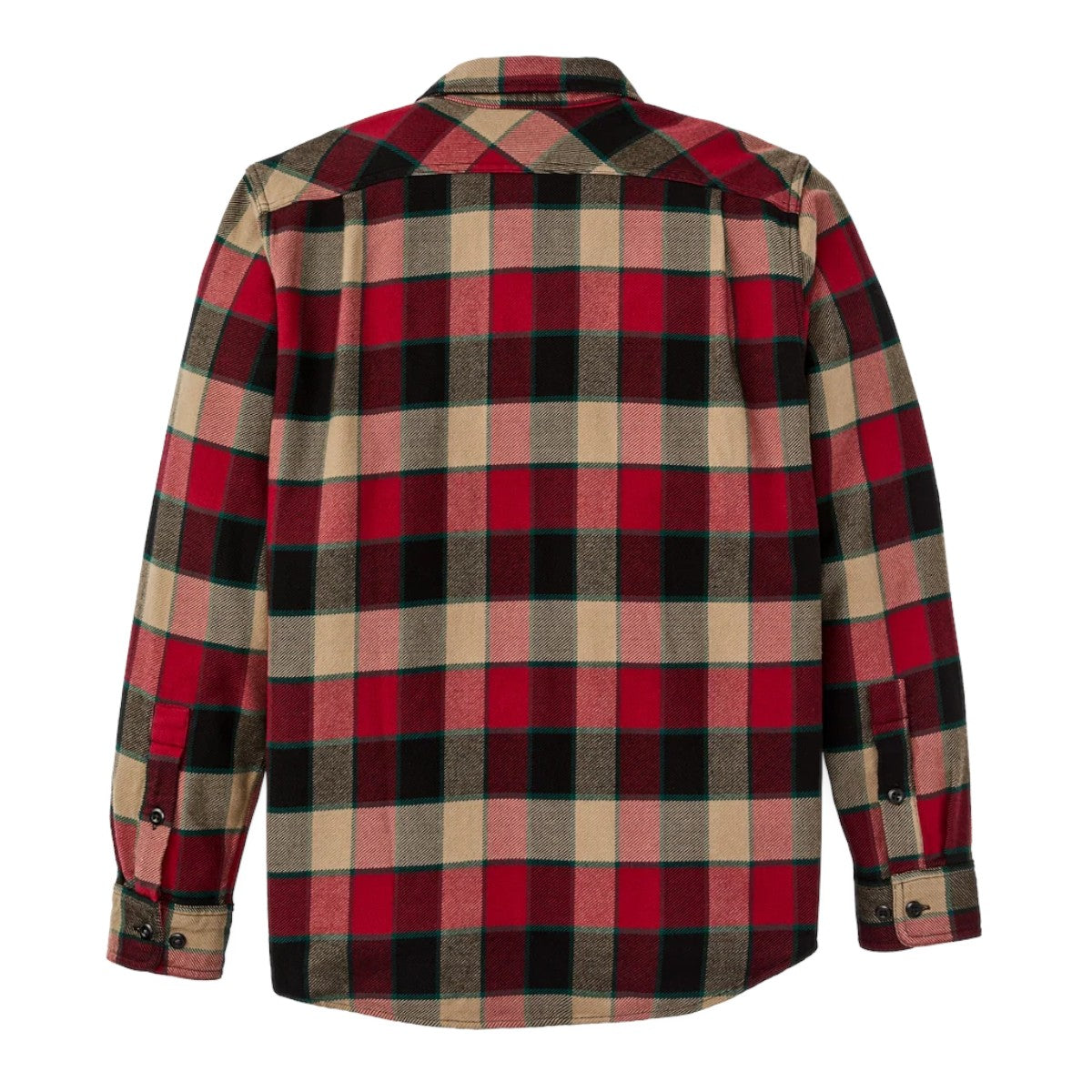 Back view of MILWORKS red and cream plaid flannel work shirt with shoulder pleats and button cuffs