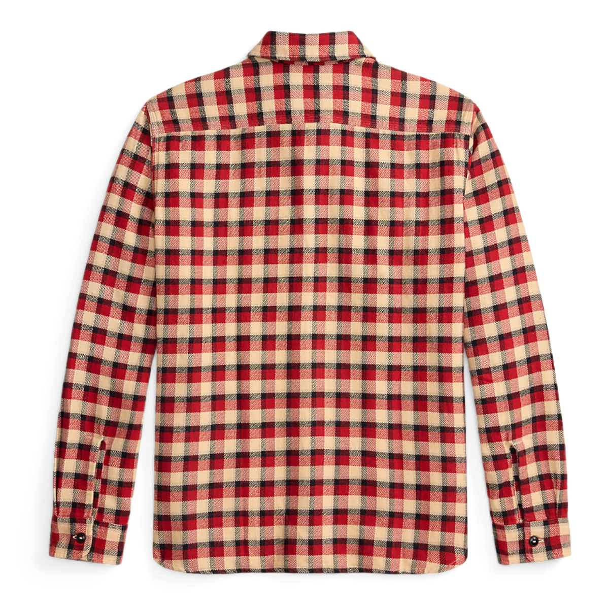 MILWORKS red and cream plaid cotton twill workshirt, back view showing long sleeves and buttoned cuffs.