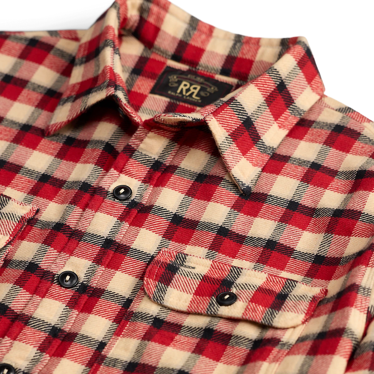 MILWORKS red and cream plaid cotton twill workshirt with a buttoned chest pocket and straight collar
