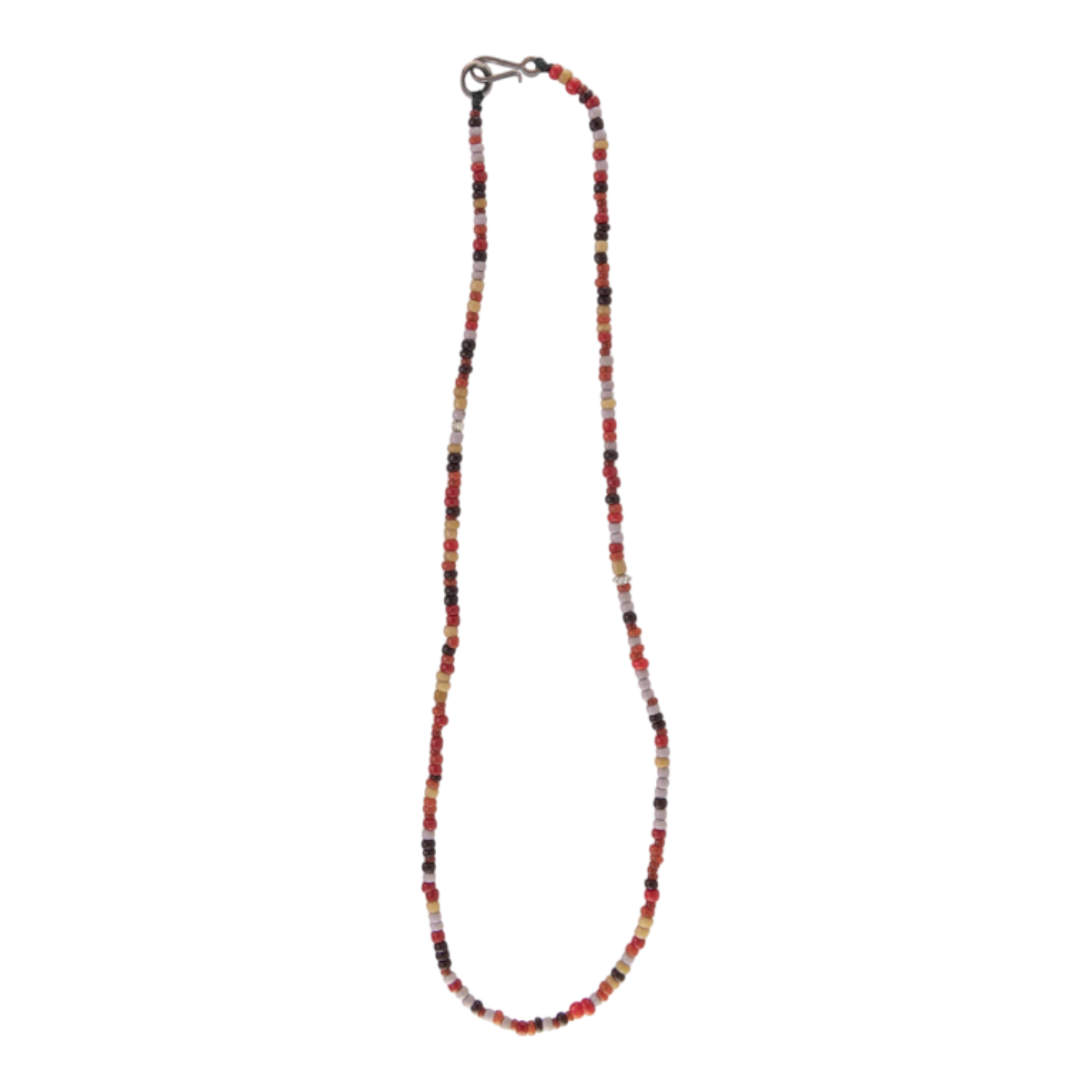 MILWORKS hand-crafted beaded necklace in red multi-coloured glass beads with a silver-tone clasp