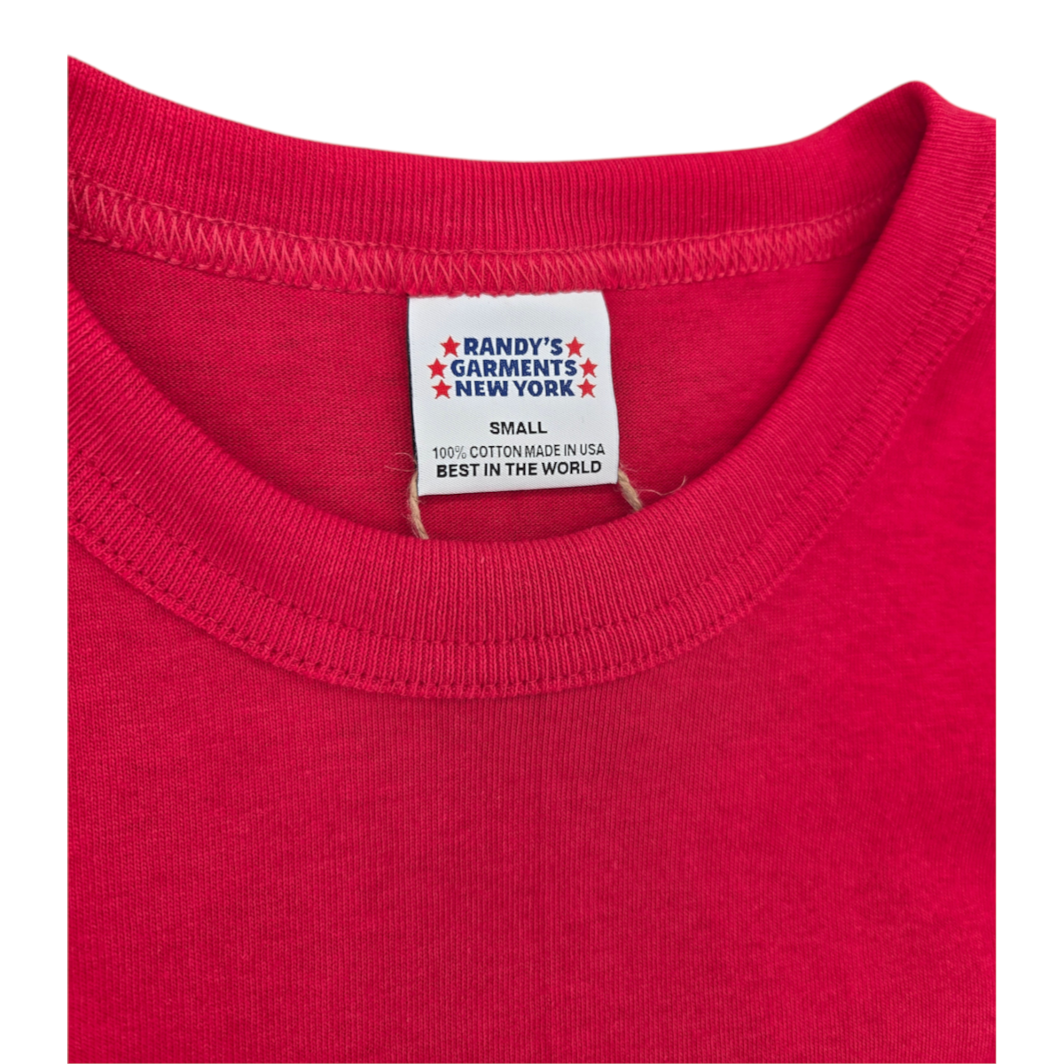 MILWORKS red Randy's Garments cotton pocket tee featuring a bound neck and interior brand label