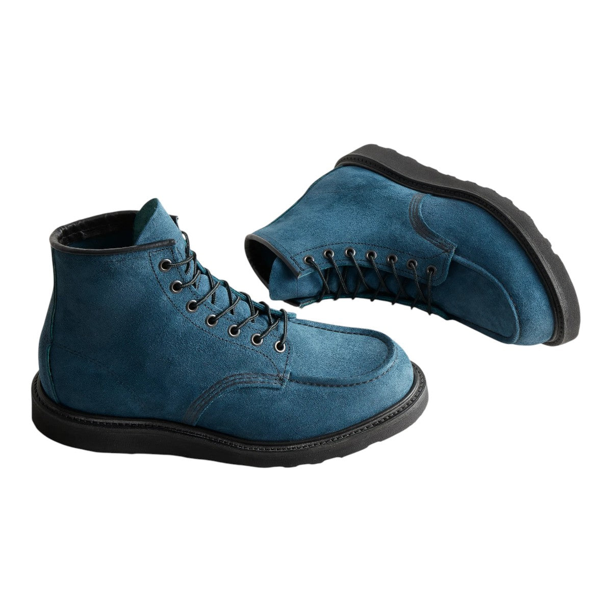 MILWORKS Red Wing Heritage 6-inch Classic Moc boots in blue Tidal Muleskinner roughout leather with black soles