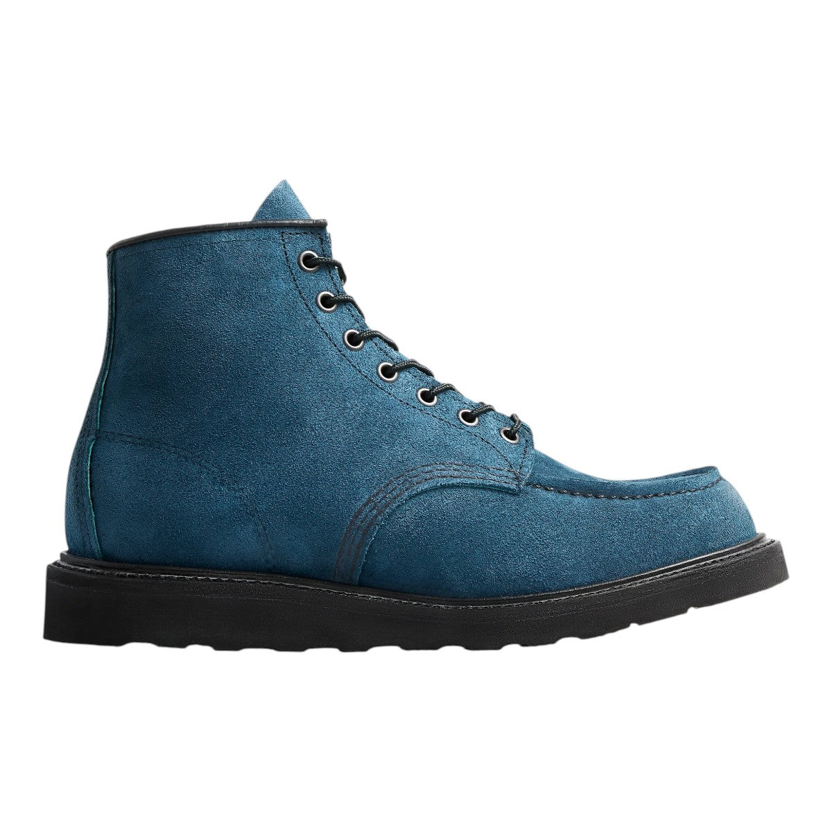 MILWORKS Red Wing Heritage 6-inch Classic Moc boot in blue Tidal Muleskinner roughout leather with a black outsole.