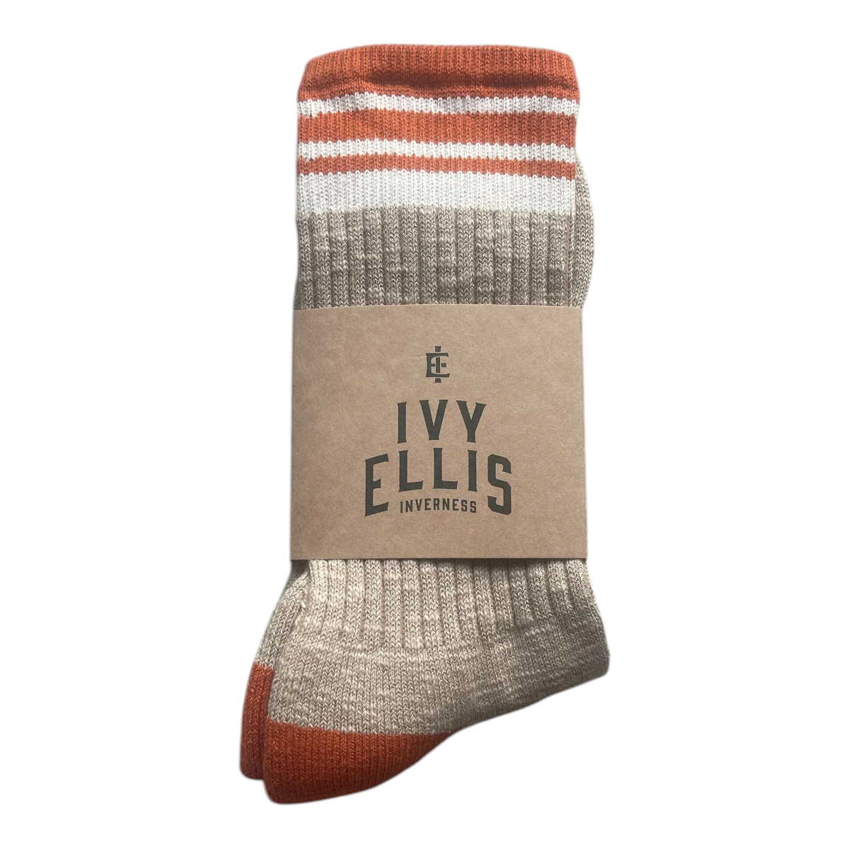 MILWORKS Redpoint crew socks in beige marl slub cotton with burnt orange heel, toe, and striped cuff detail.