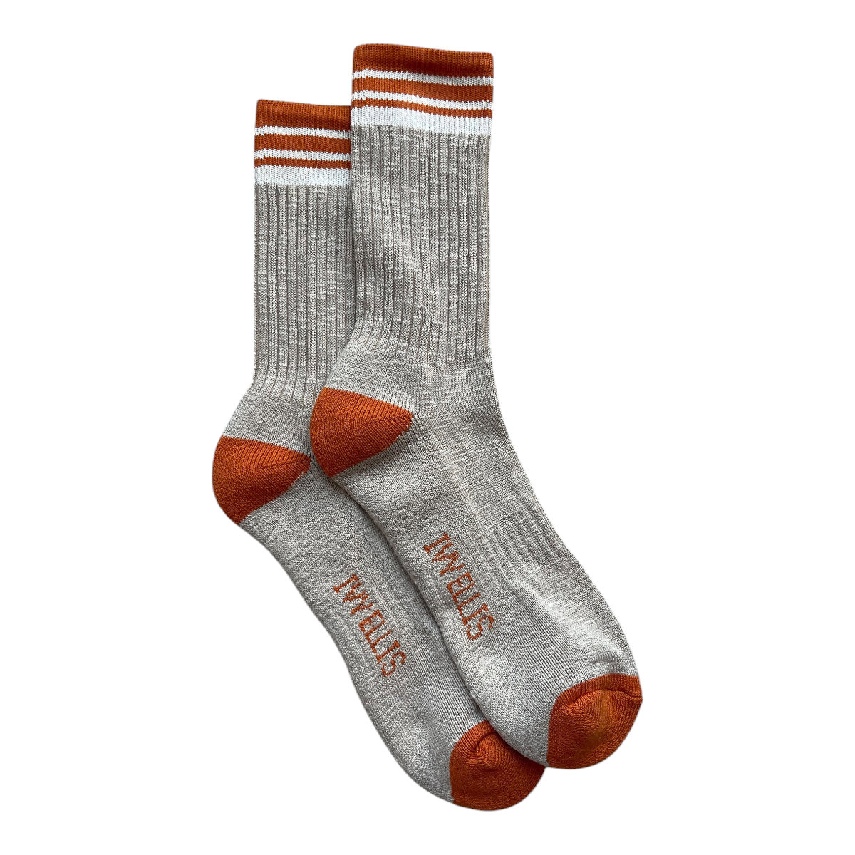 MILWORKS Redpoint crew socks in beige slub cotton with burnt orange heel, toe, and striped cuff detail.
