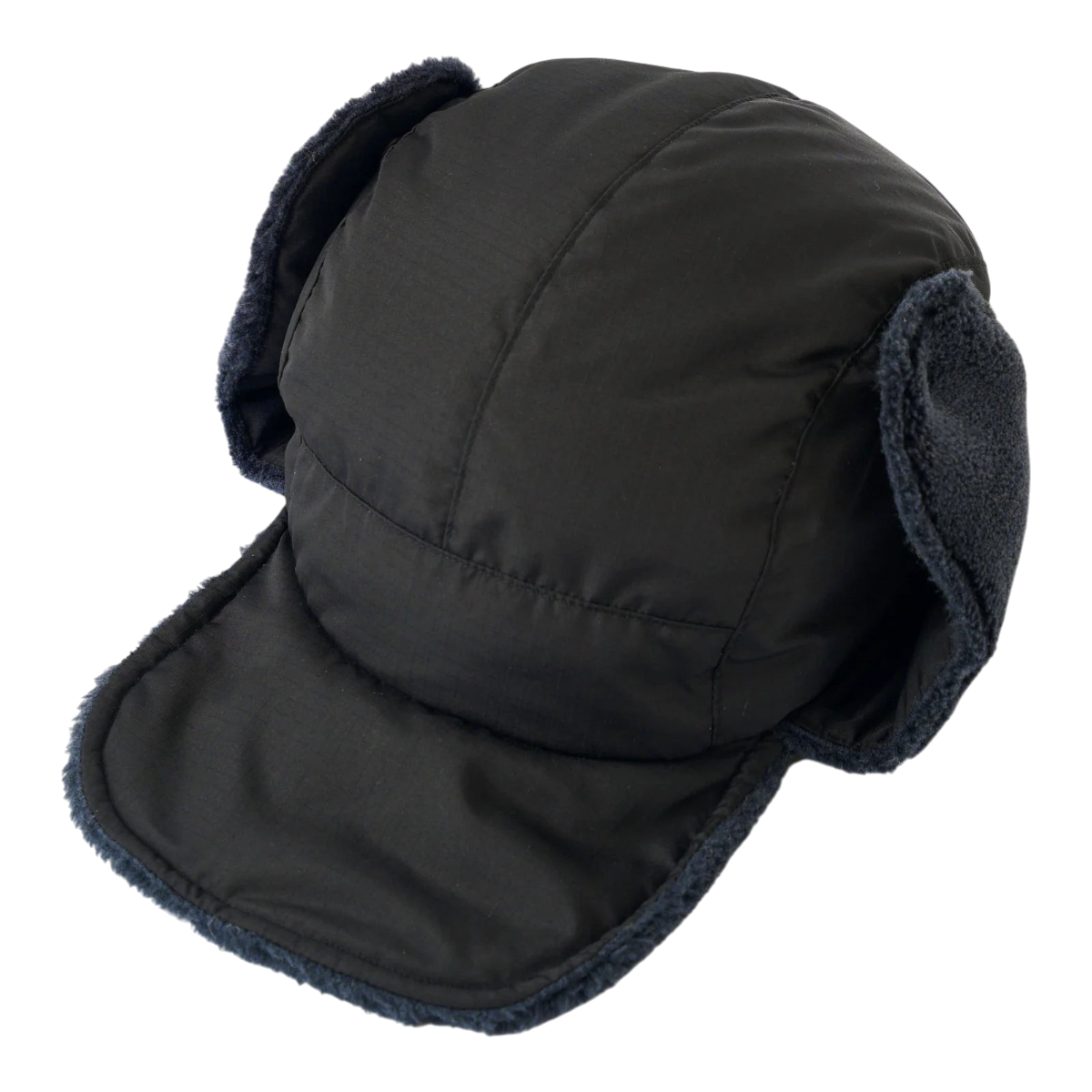 MILWORKS reversible down hat in black with quilted exterior, soft fleece lining, and fold-down ear flaps.