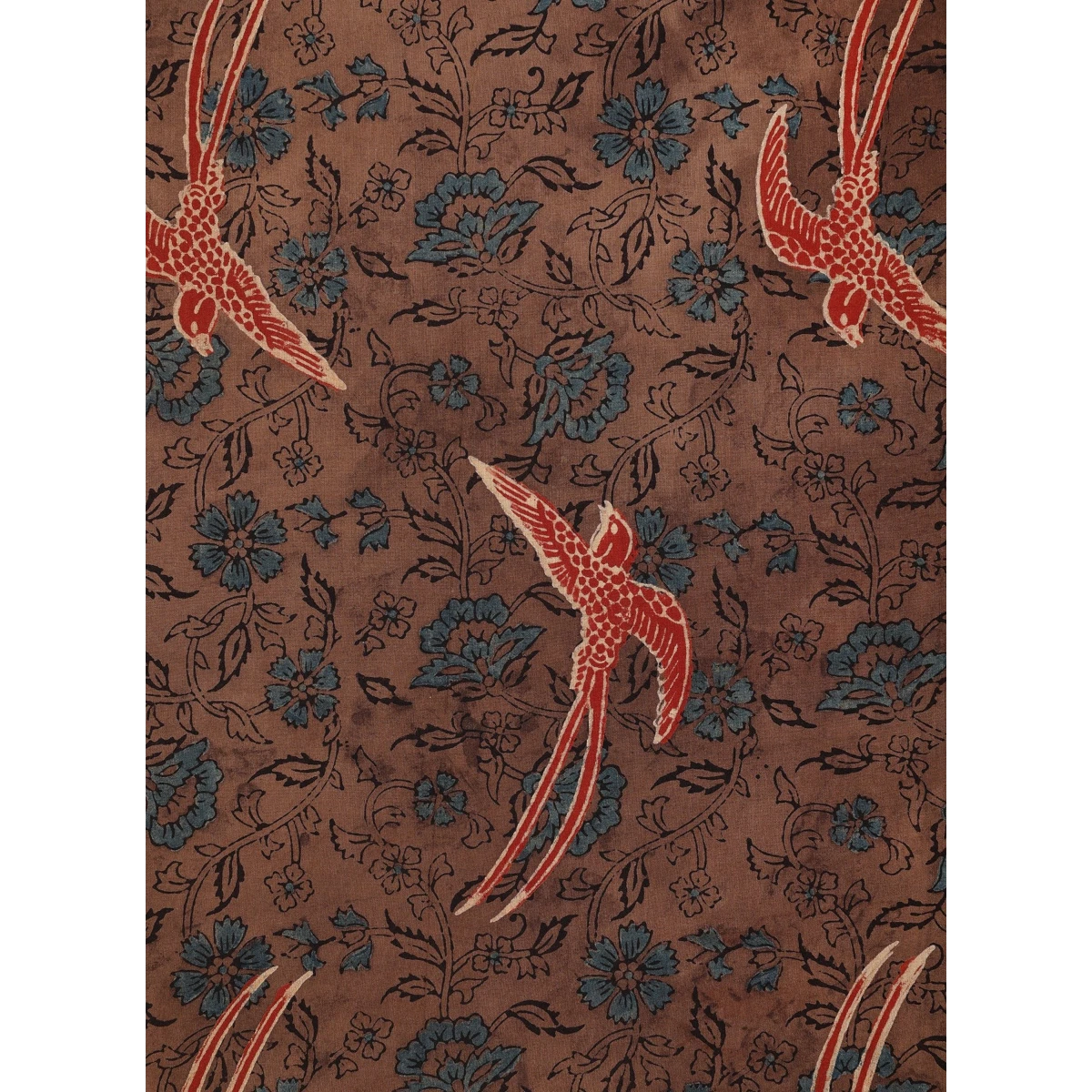 MILWORKS Ronen short sleeve shirt in brown cotton with red birds and blue floral Ajrakh print, camp collar.