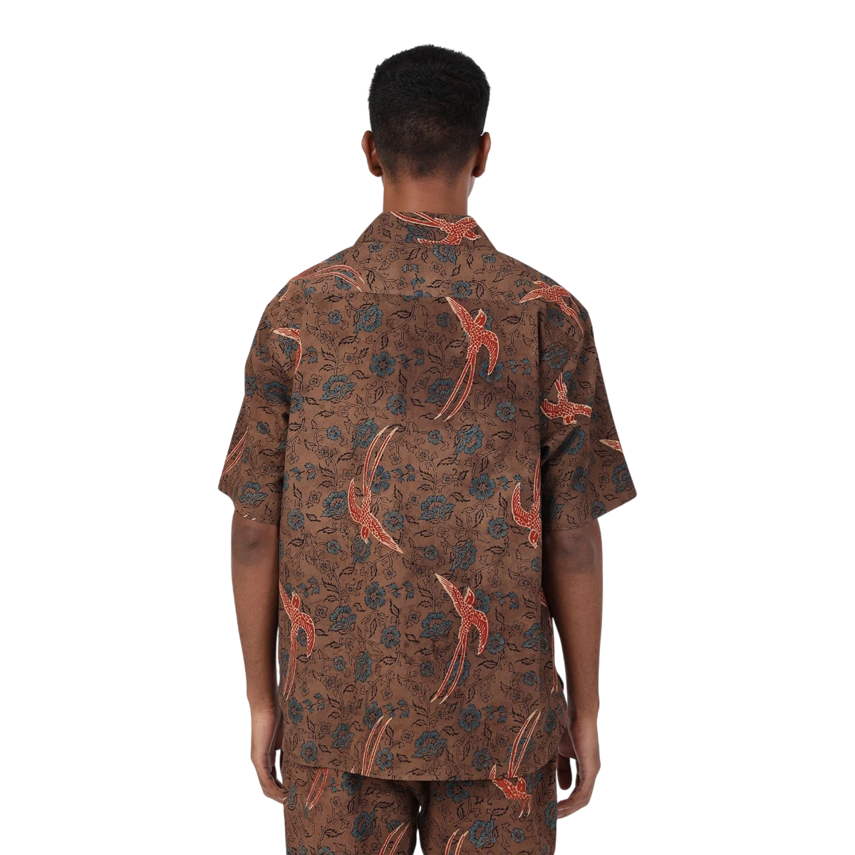 MILWORKS Ronen short sleeve brown cotton shirt with ajrakh print, camp collar, and relaxed fit.