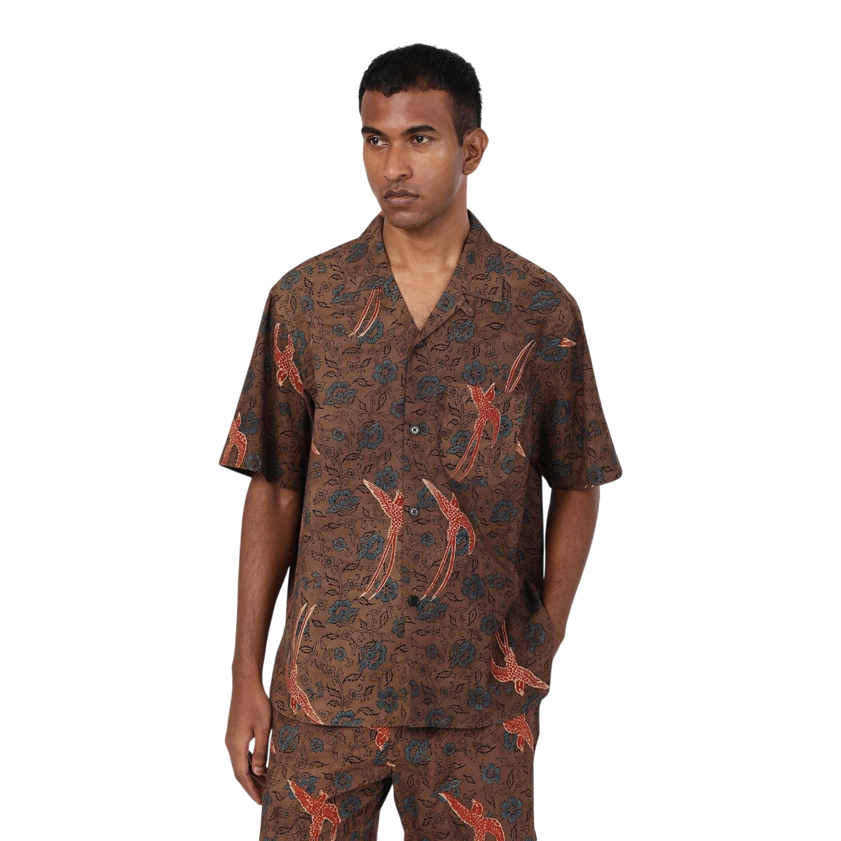 MILWORKS Ronen short sleeve brown cotton shirt with Ajrakh print, camp collar, and red bird motif.