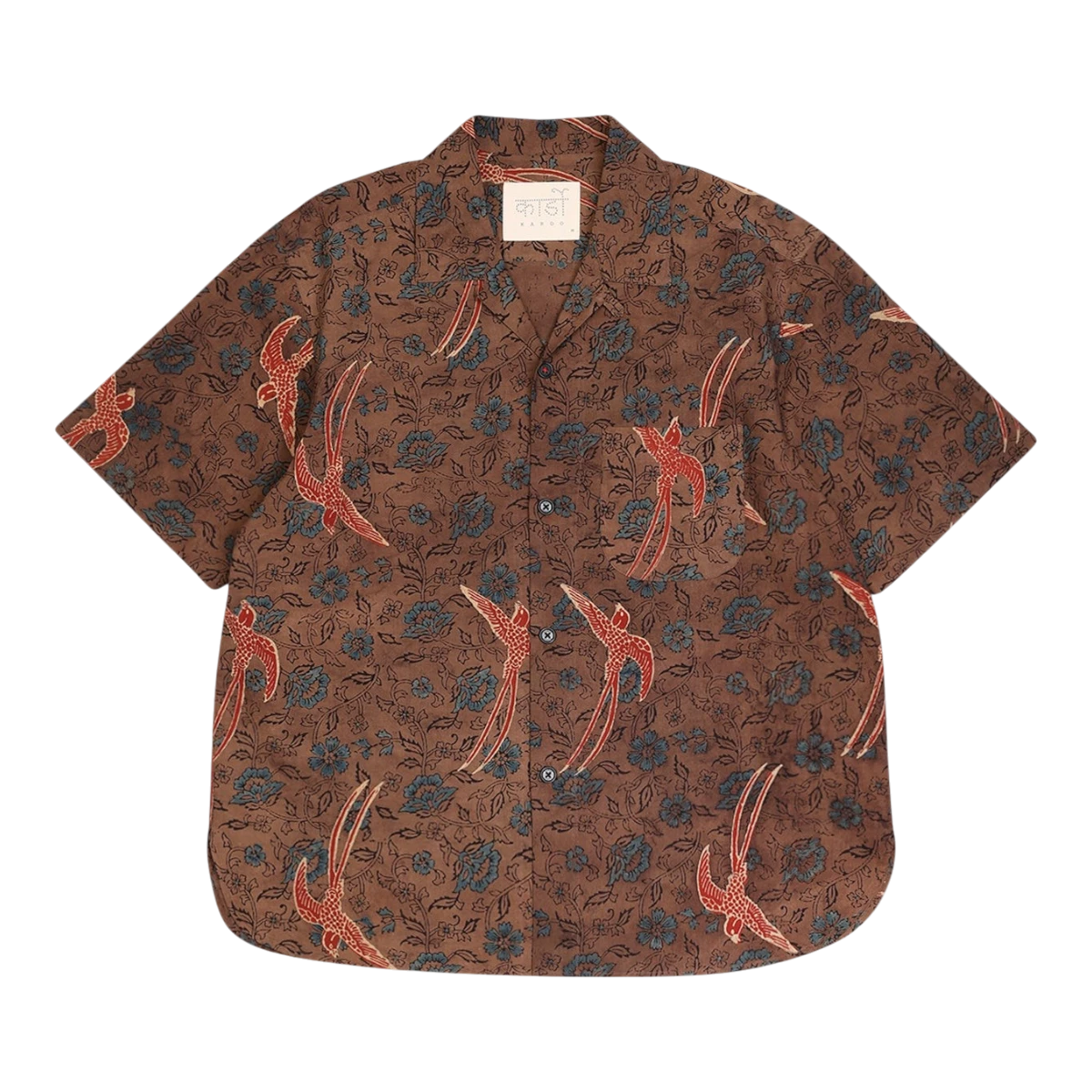 MILWORKS Ronen short sleeve brown cotton shirt with ajrakh print, red birds and blue floral motifs, camp collar.