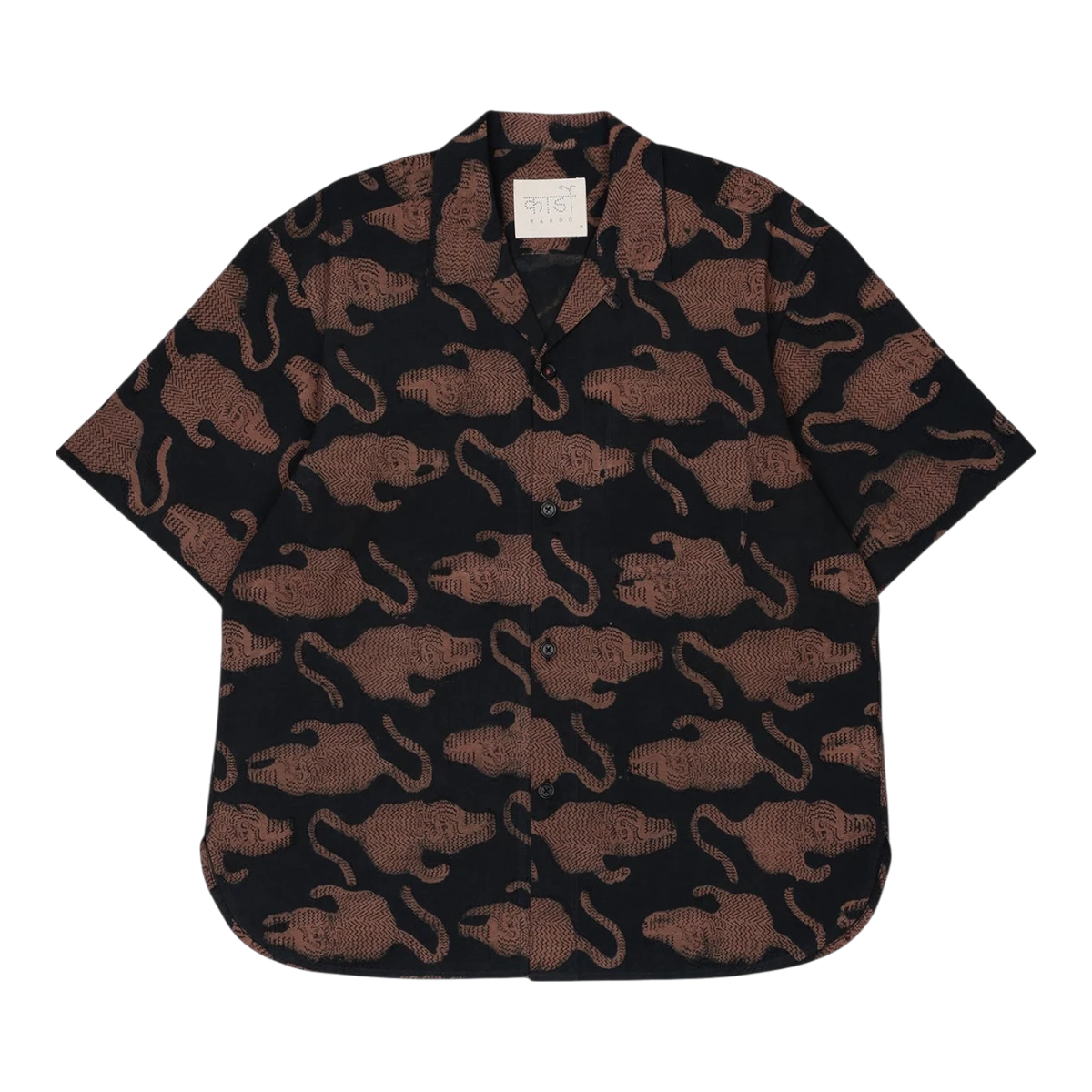 MILWORKS Ronen short sleeve shirt in black with a brown hand block print of tigers. Features a camp collar and relaxed fit.