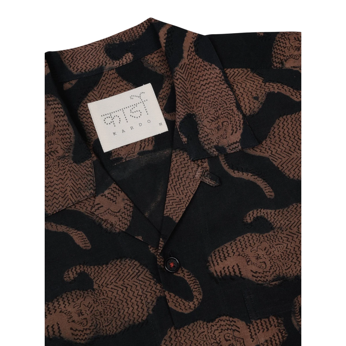 MILWORKS Ronen short sleeve camp collar shirt in black with a brown hand block print of tigers. 100% cotton.