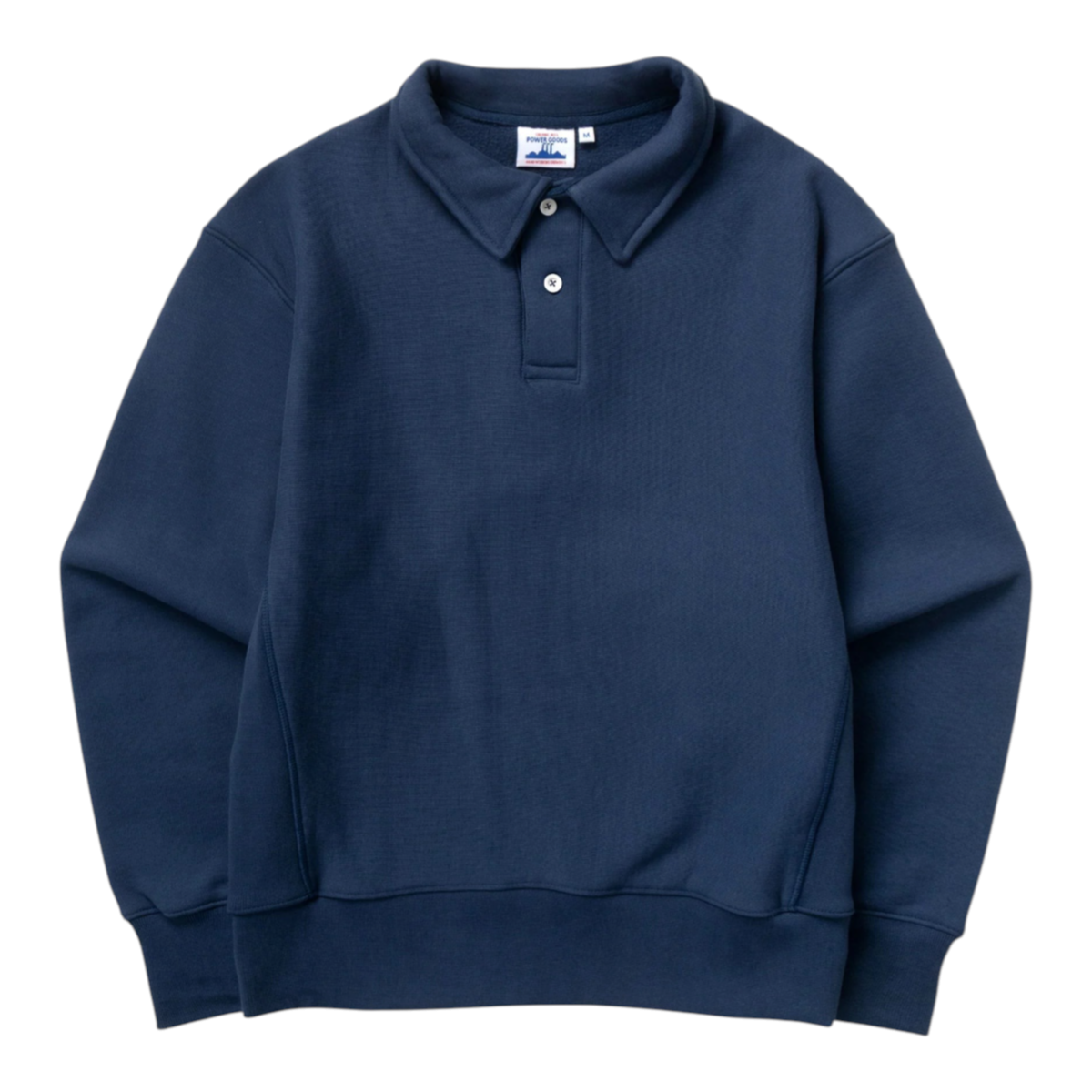 MILWORKS royal blue heavyweight organic cotton rugby shirt with a two-button collar and ribbed cuffs.
