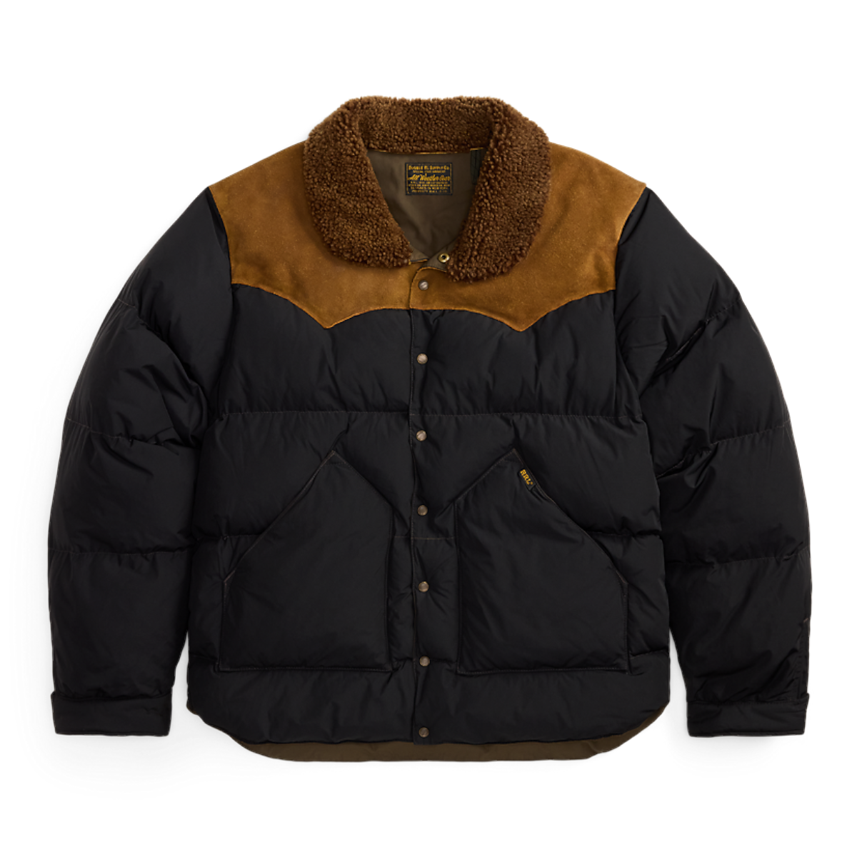 MILWORKS RRL black nylon puffer coat with brown cowhide leather yoke and textured shearling collar