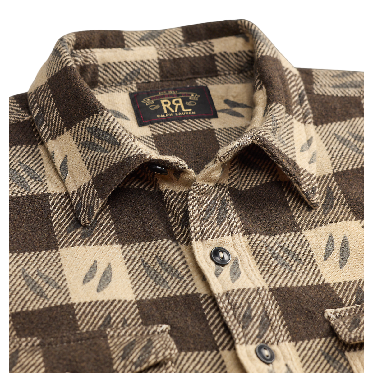 MILWORKS RRL wool long sleeve sports shirt in a brown and cream checkered pattern with a button-down collar.