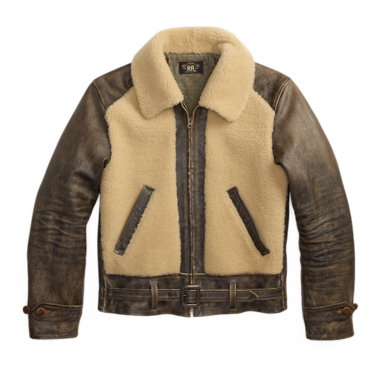 MILWORKS RRL vintage brown leather moto jacket with cream shearling lining and collar, featuring a belted waist.