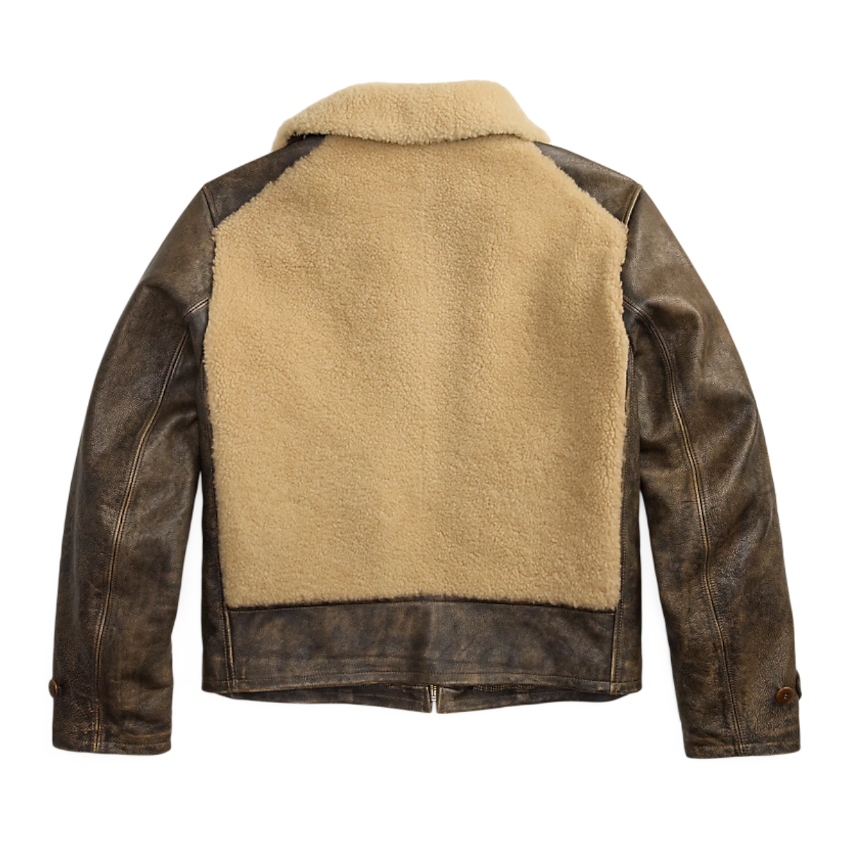 MILWORKS RRL vintage brown leather moto jacket with a beige shearling back panel and collar, back view.