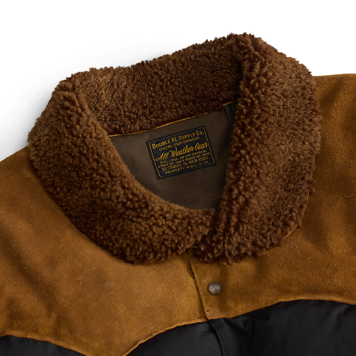 MILWORKS RRL black nylon coat with brown cowhide leather yoke and textured shearling collar, interior brand label