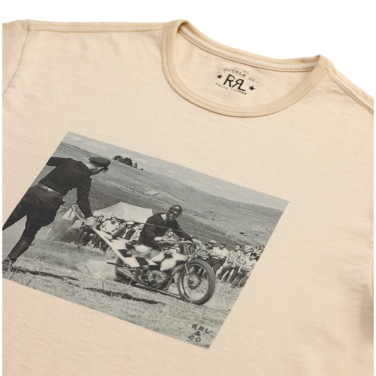 MILWORKS RRL faded white jersey t-shirt featuring a vintage black and white motorcycle racing graphic print