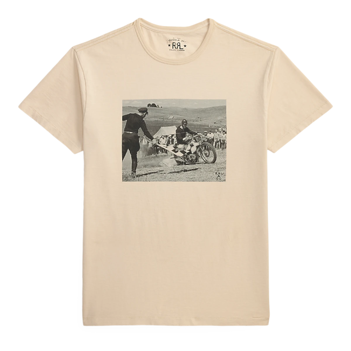 MILWORKS RRL faded white jersey t-shirt featuring a vintage motorcycle racing graphic print on the chest.
