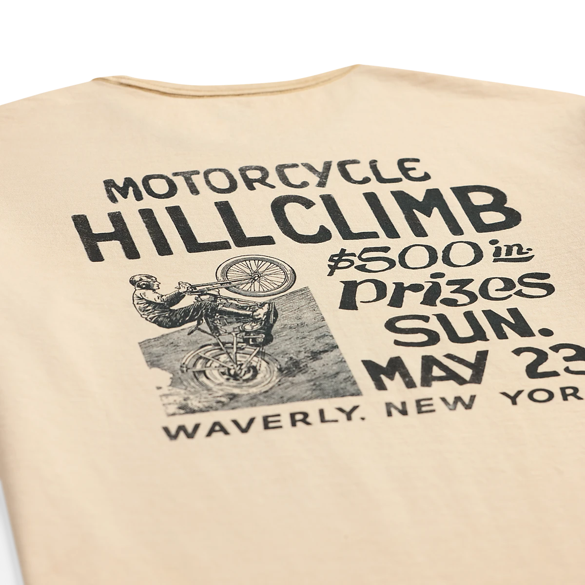 MILWORKS RRL faded white jersey t-shirt featuring a vintage motorcycle hillclimb graphic print on the back