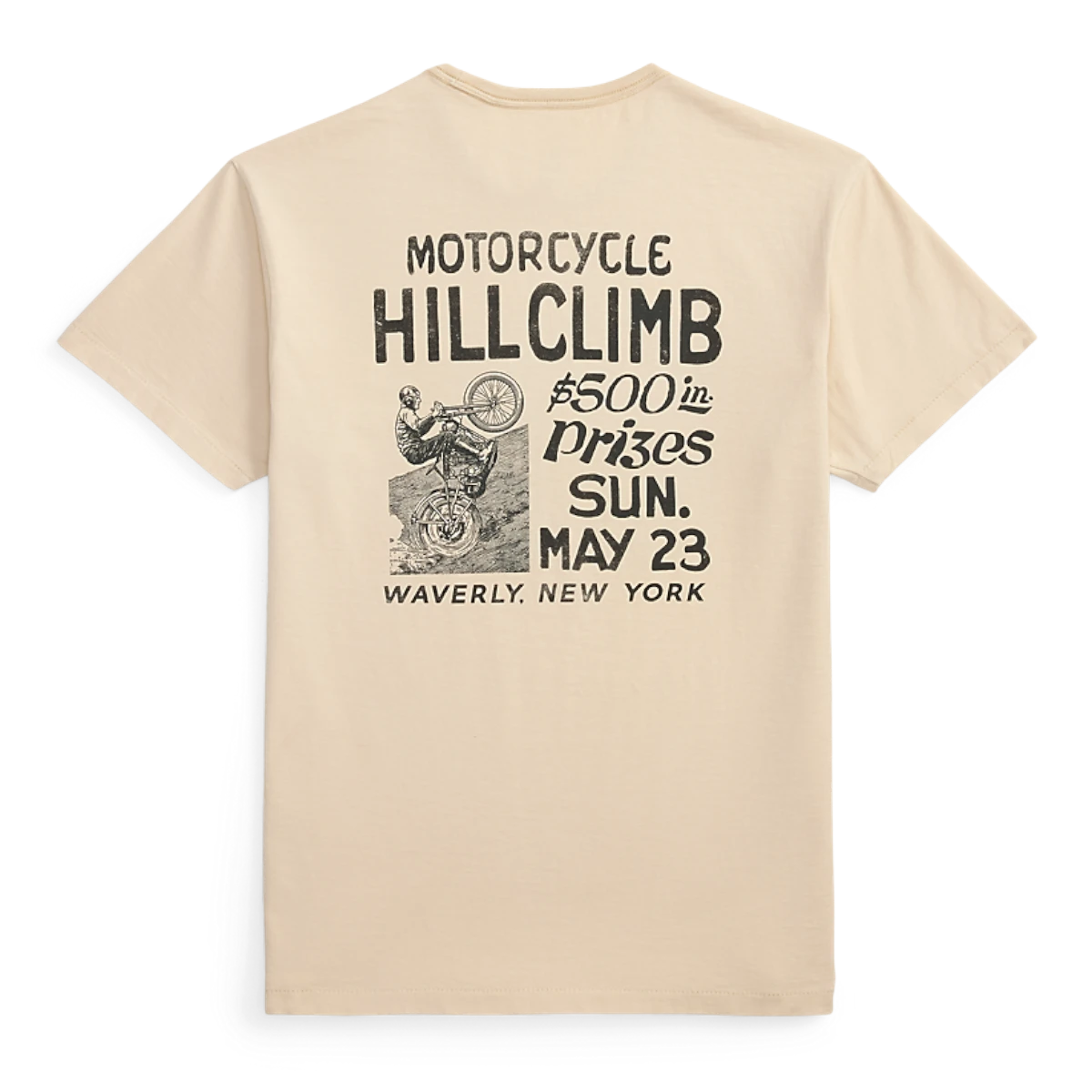 MILWORKS RRL faded white jersey t-shirt featuring a vintage motorcycle hillclimb graphic on the back