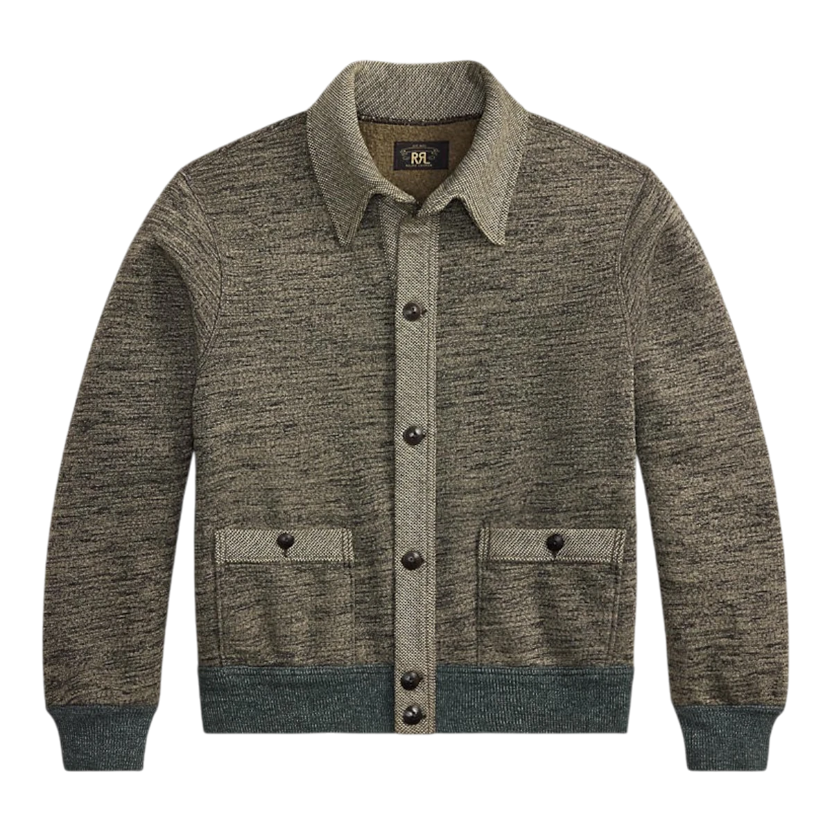 MILWORKS RRL long sleeve knit cardigan in grey heather with a button-up front and two front pockets.