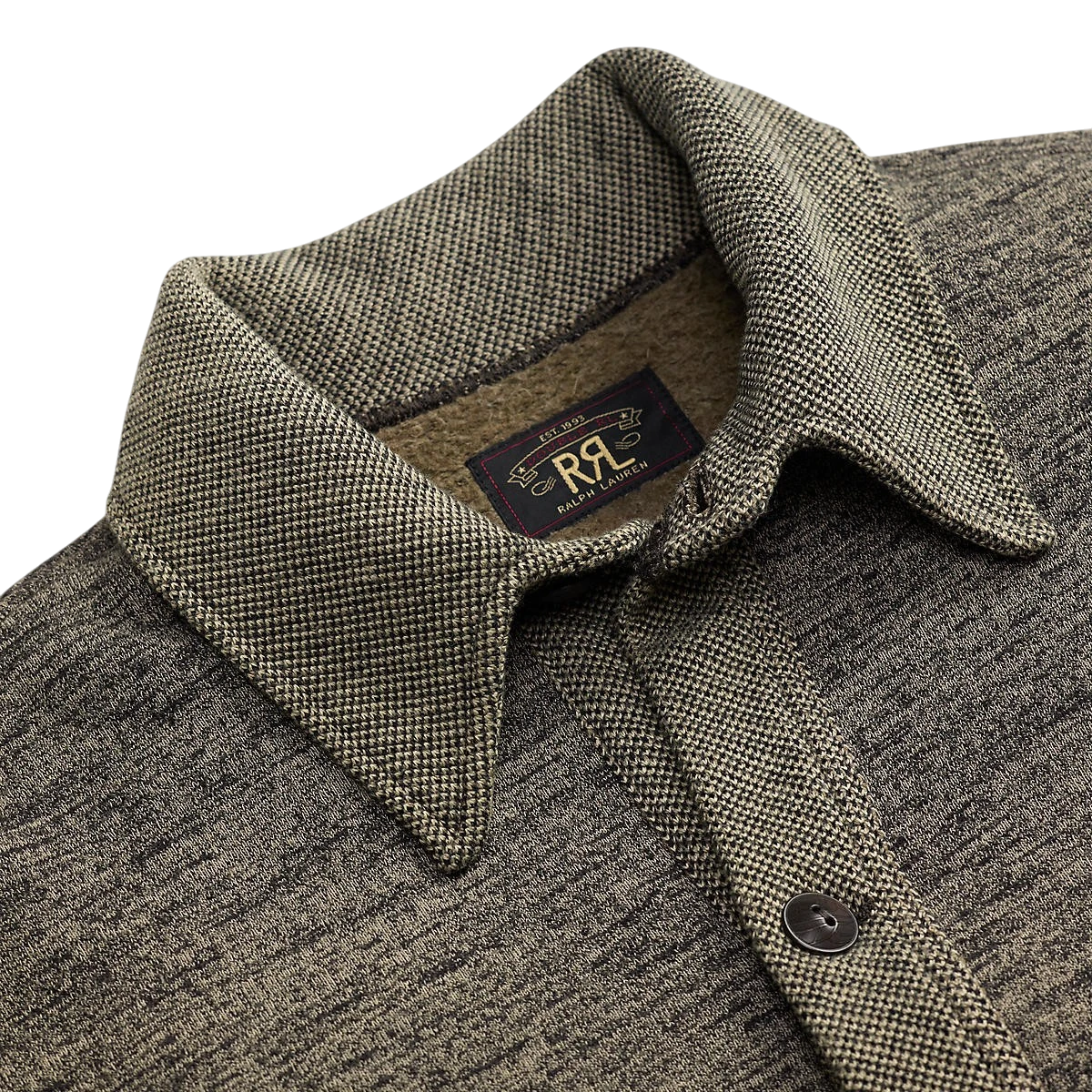 MILWORKS RRL long sleeve knit cardigan in grey heather with a textured collar and button-up front
