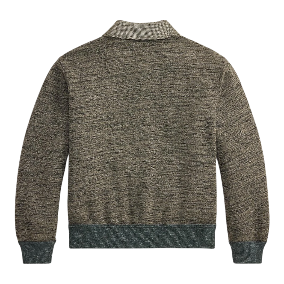 MILWORKS RRL long sleeve knit cardigan in grey heather with ribbed cuffs and collar, back view.