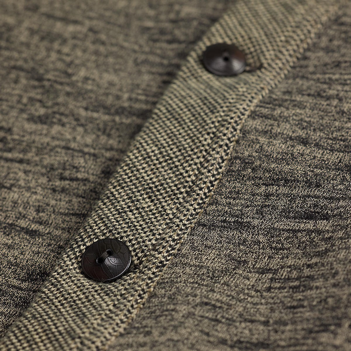 MILWORKS RRL grey heather long sleeve knit cardigan featuring a textured placket and dark brown buttons.