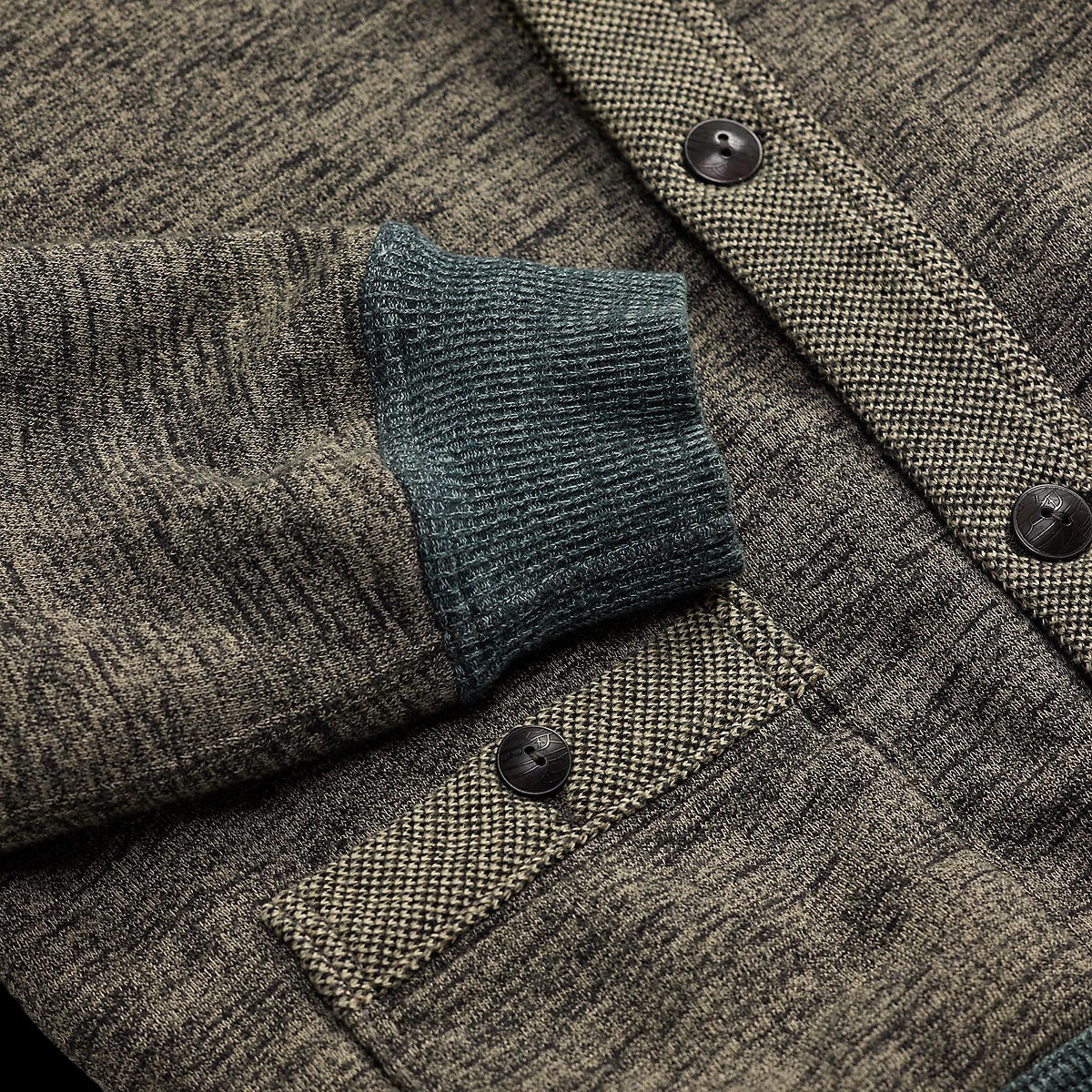 MILWORKS RRL grey heather long sleeve knit cardigan with textured button placket and ribbed cuff detail