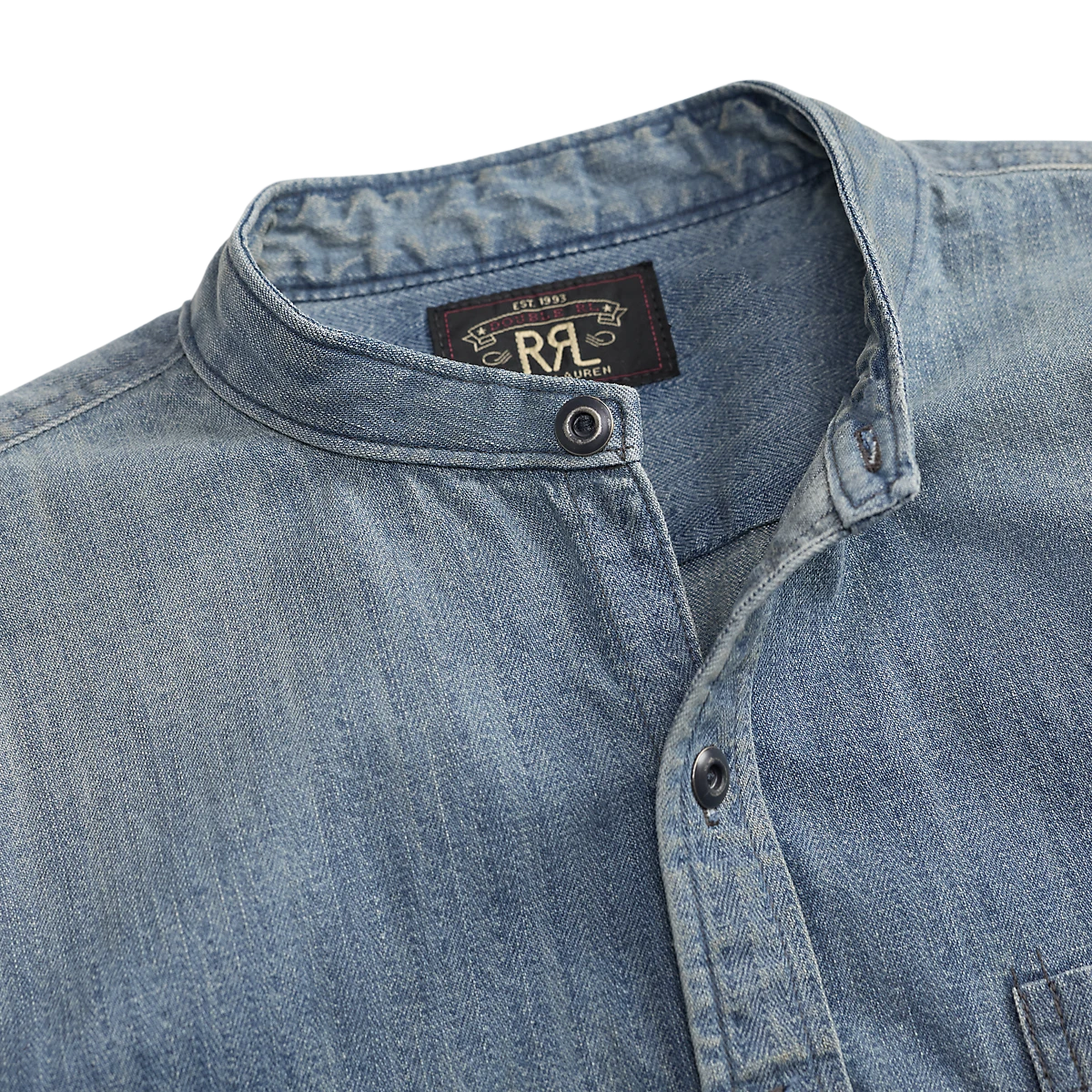 MILWORKS RRL indigo cotton denim workshirt with a band collar and distressed metal buttons in a light Manvil wash