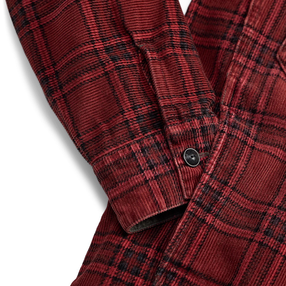 MILWORKS RRL red and black plaid corduroy overshirt sleeve detail with buttoned cuff