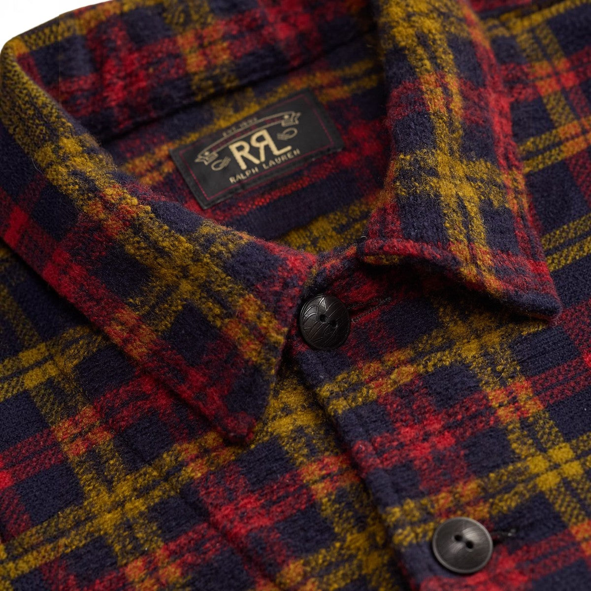 MILWORKS RRL wool-blend flight jacket in a red and navy plaid jacquard pattern with corozo buttons