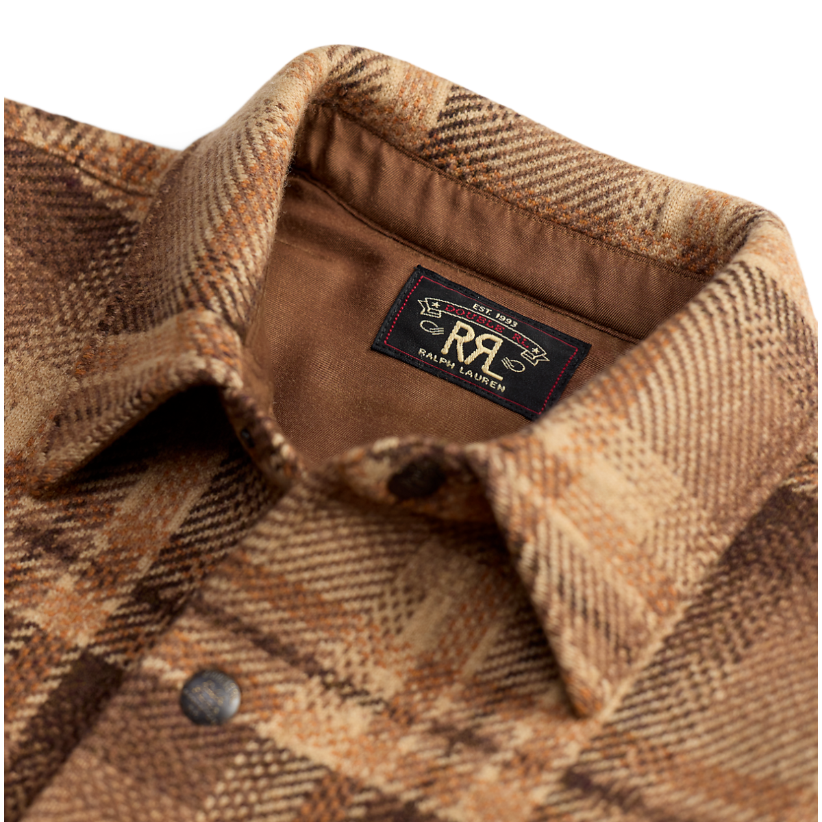 MILWORKS RRL tan and rust plaid wool workshirt sweater with a classic collar and branded interior label