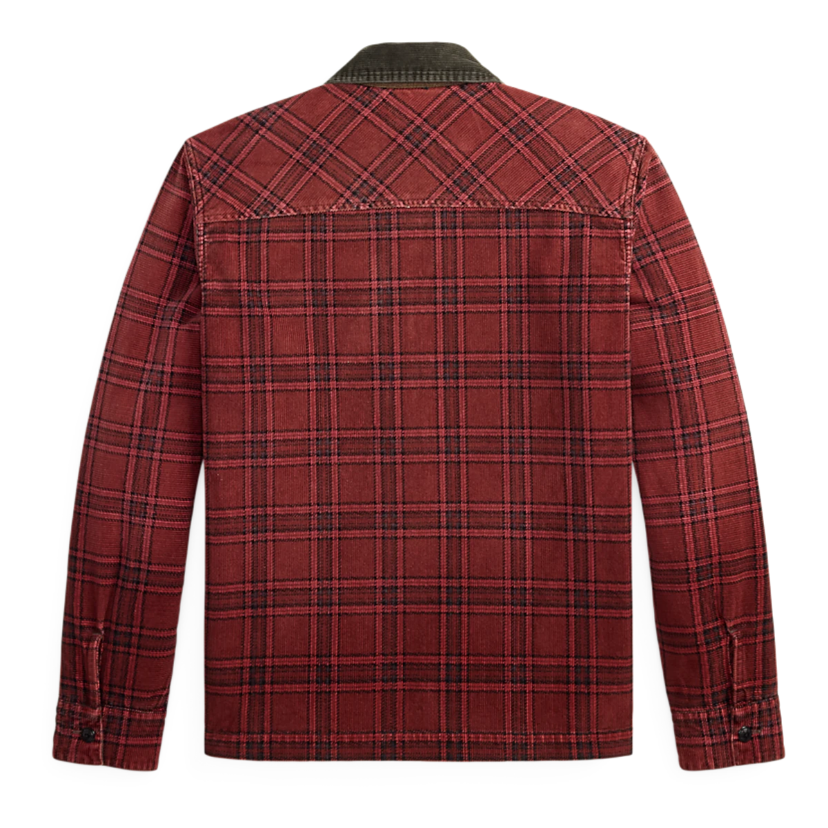 MILWORKS RRL red and black plaid corduroy overshirt, back view featuring a dark collar and buttoned cuffs.
