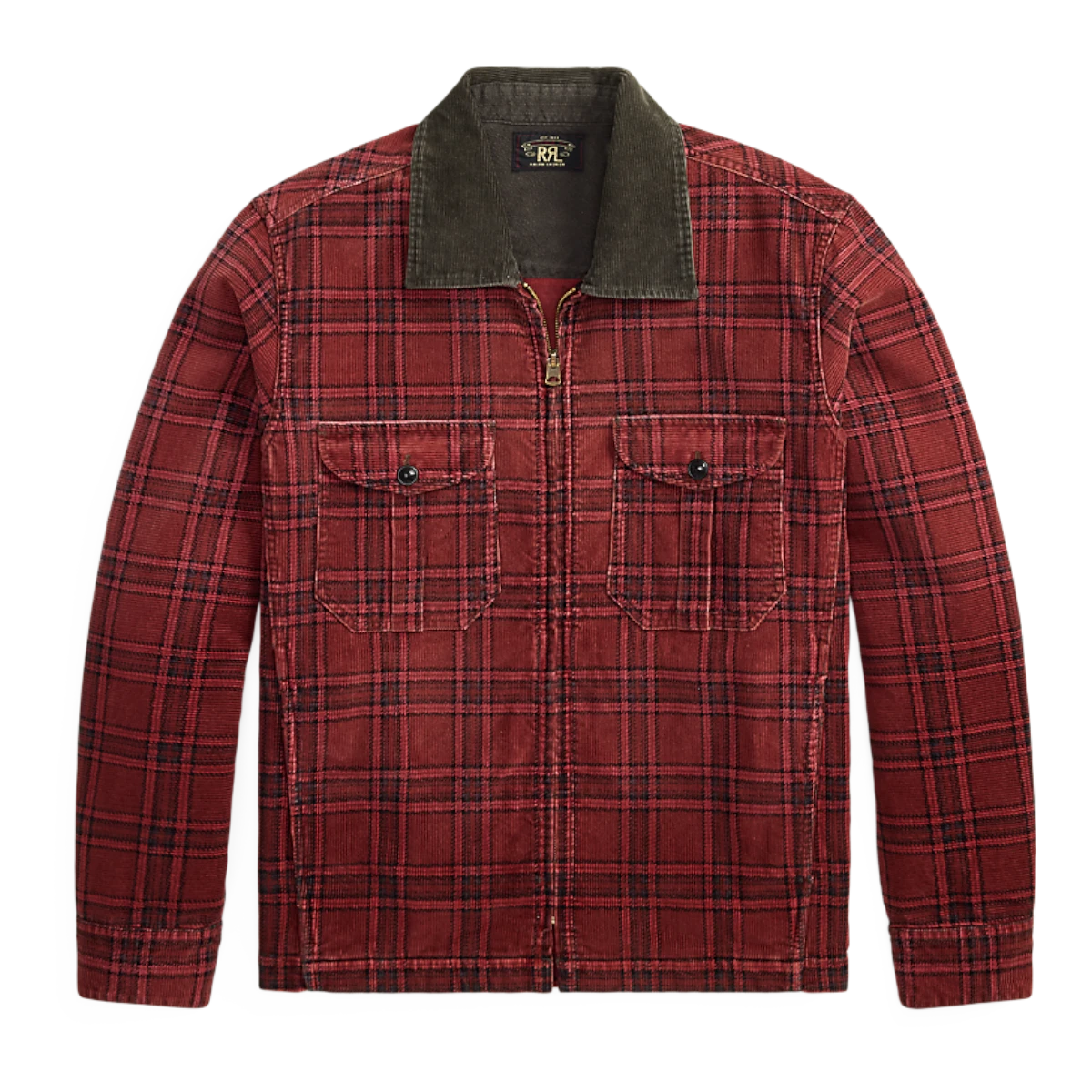 MILWORKS RRL red and black plaid corduroy overshirt with a dark green corduroy collar and front zip closure.