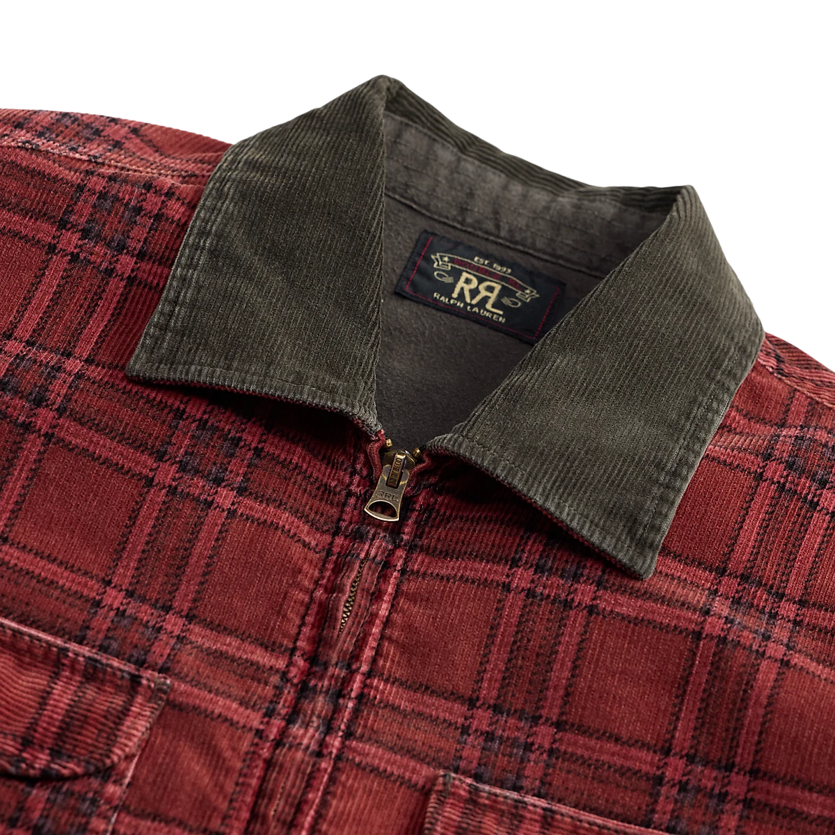 MILWORKS RRL red and black plaid corduroy overshirt with a dark grey corduroy collar and brass zipper detail