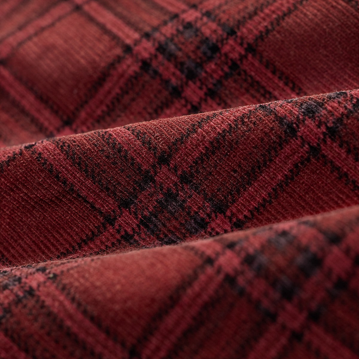 MILWORKS RRL red and black plaid corduroy fabric texture close-up