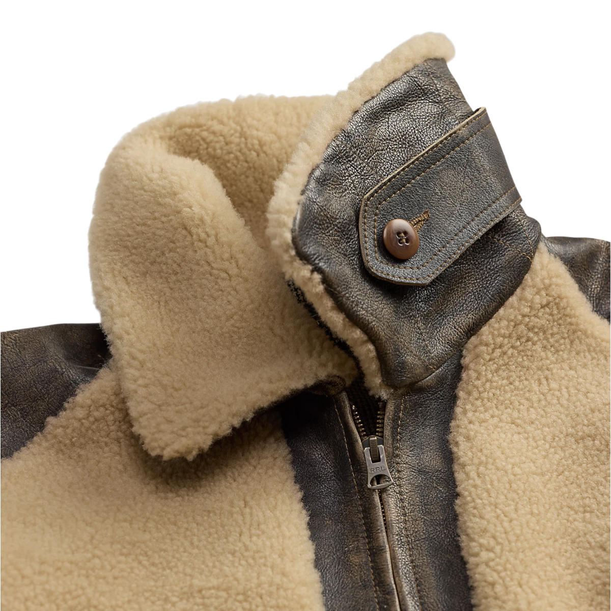 MILWORKS RRL vintage brown shearling moto jacket with a plush cream fleece collar and leather detailing.