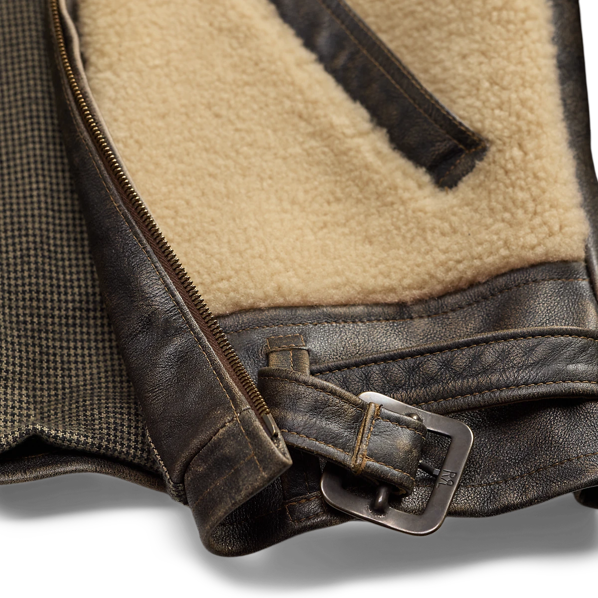 MILWORKS RRL vintage brown leather moto jacket with cream shearling lining and adjustable waist buckle detail
